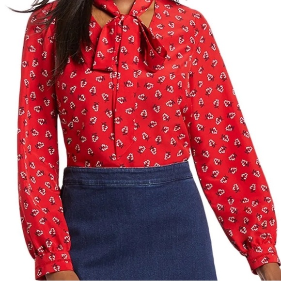 Draper James Floral Tie Neck Blouse Red Long Sleeve Large - Picture 14 of 14